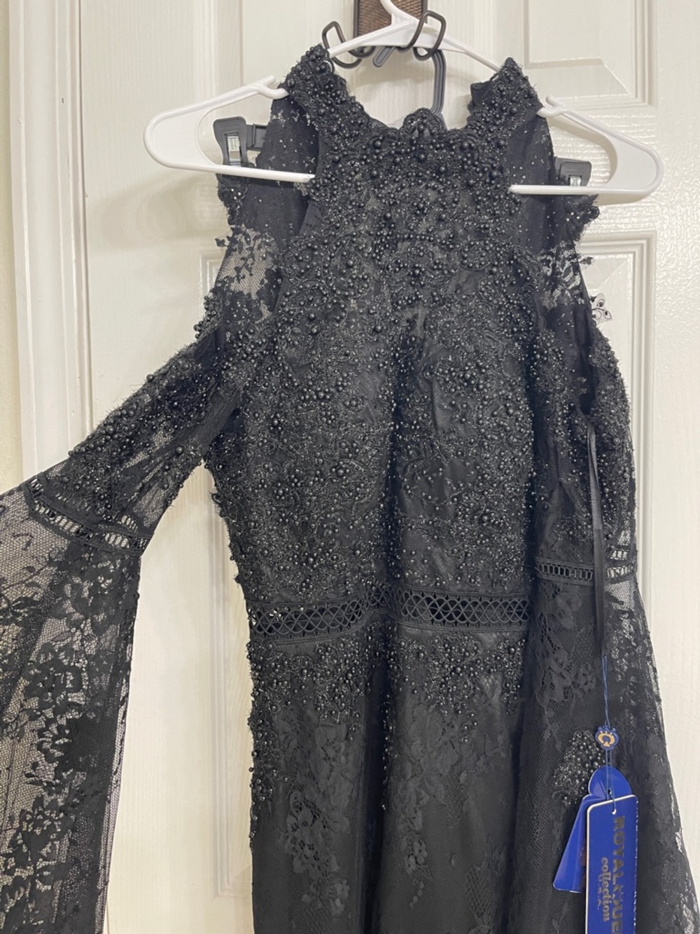 Black Beaded Lace Cold-Shoulder Evening Dress